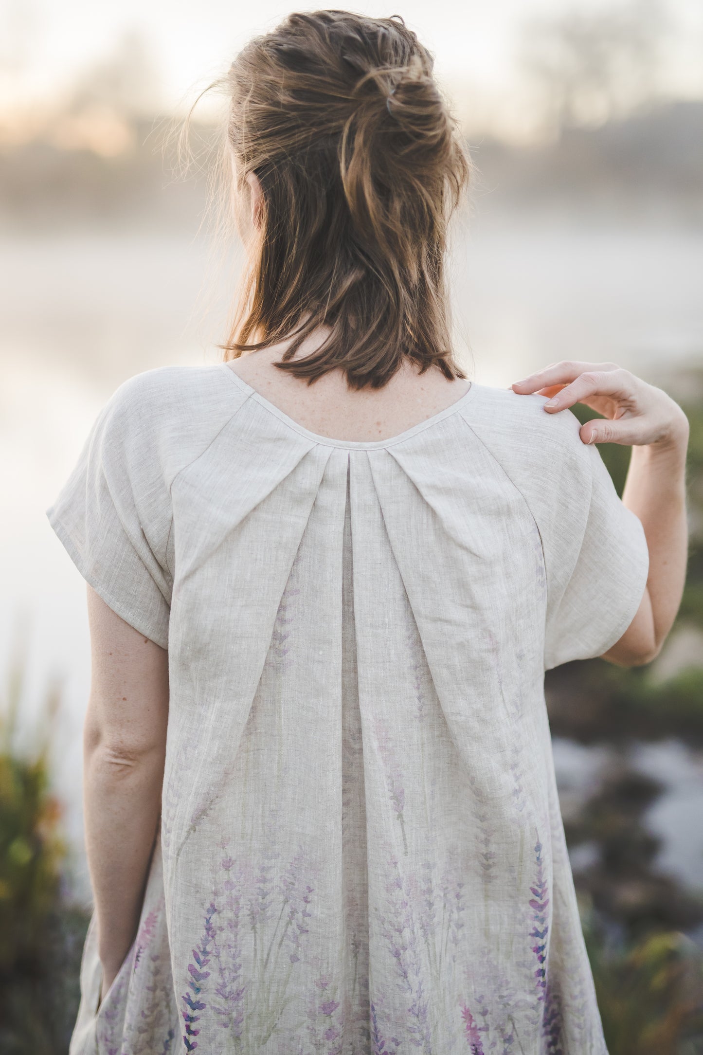 RASA short sleeves mini linen dress with Lavender print