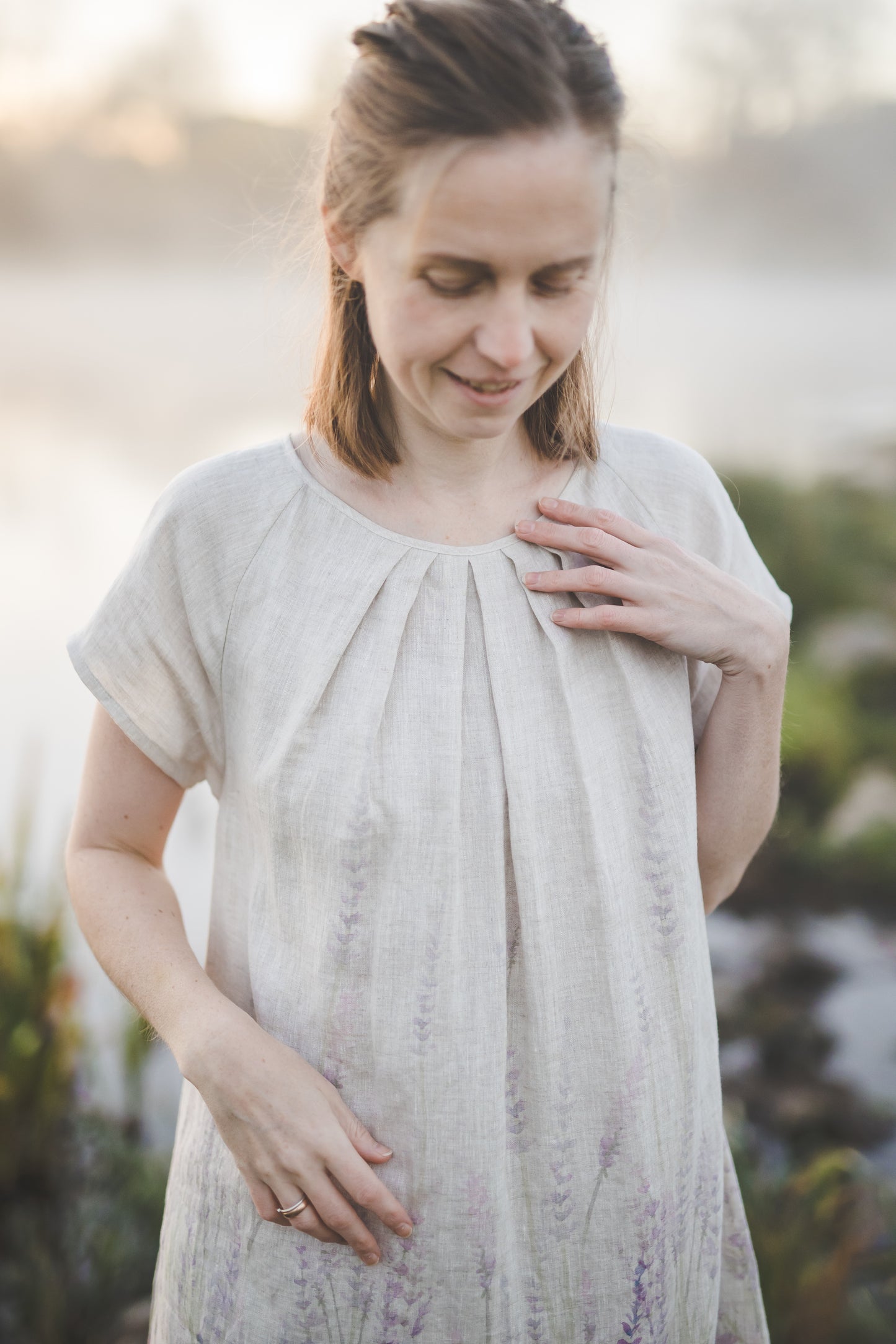 RASA short sleeves mini linen dress with Lavender print