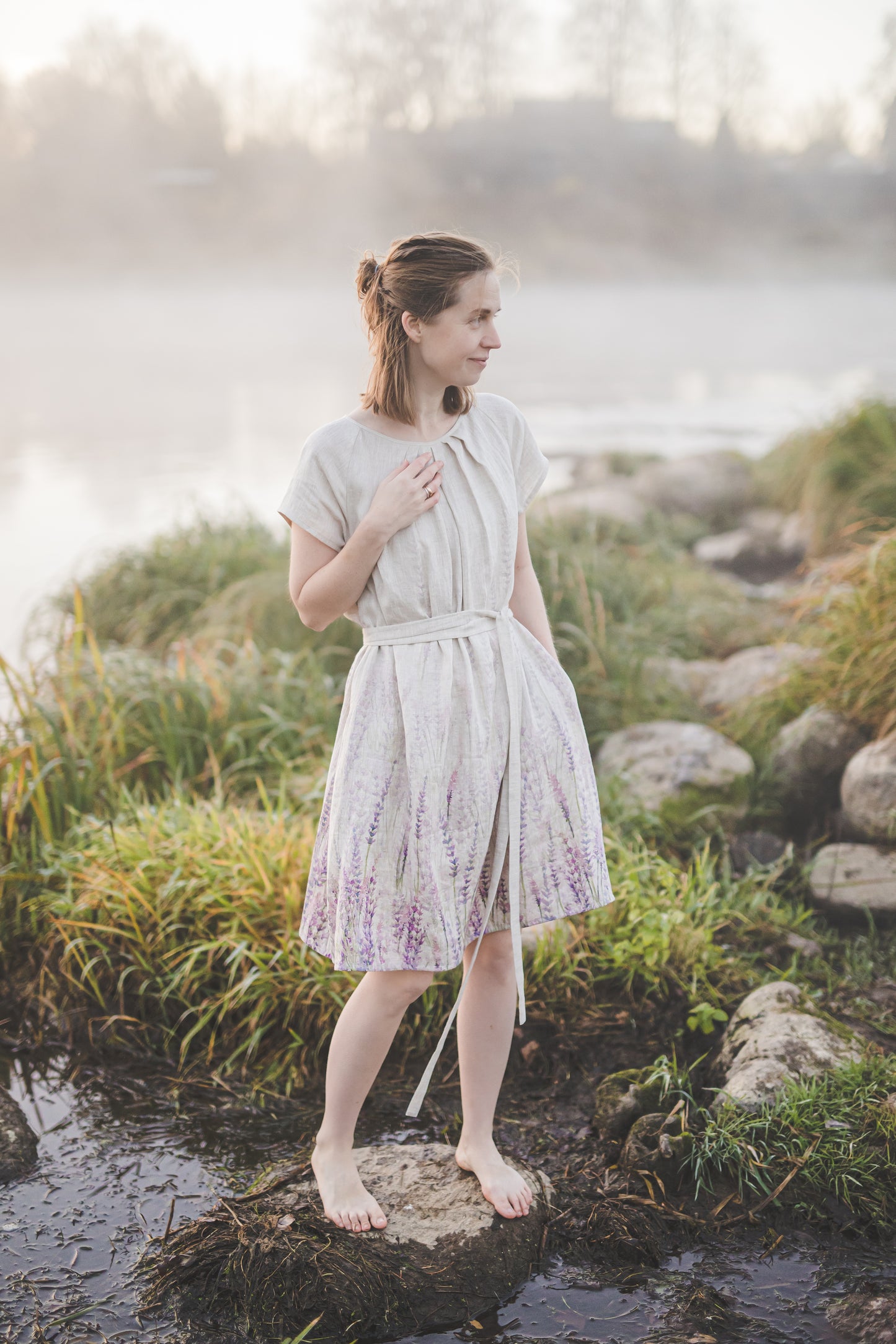 RASA short sleeves mini linen dress with Lavender print