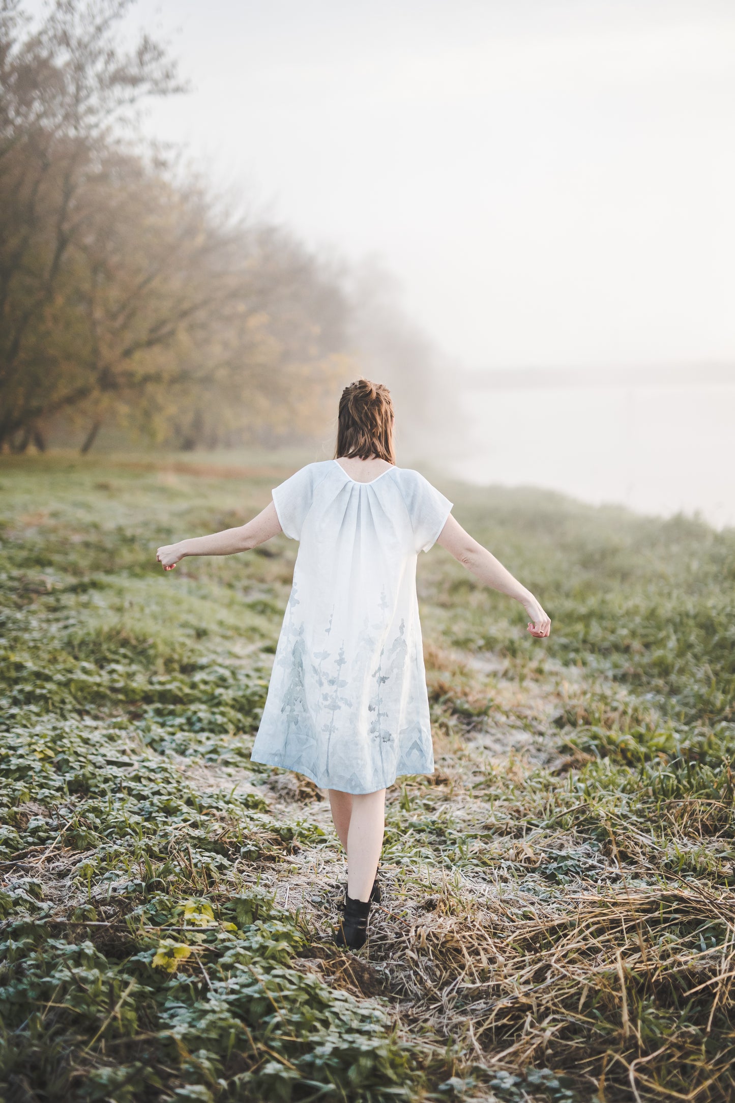 RASA short sleeves mini linen dress with Blue Ombre Forest print