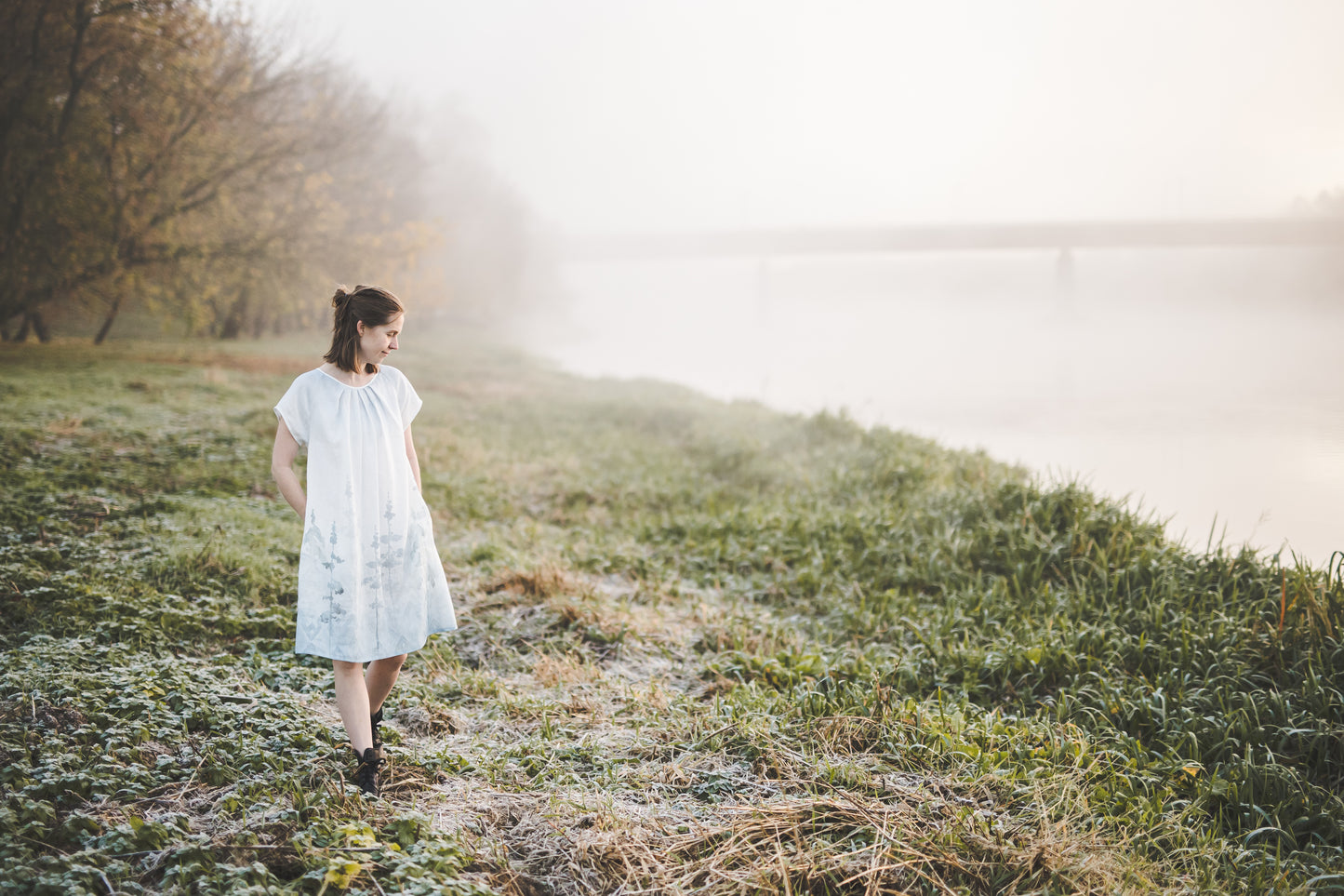 RASA short sleeves mini linen dress with Blue Ombre Forest print