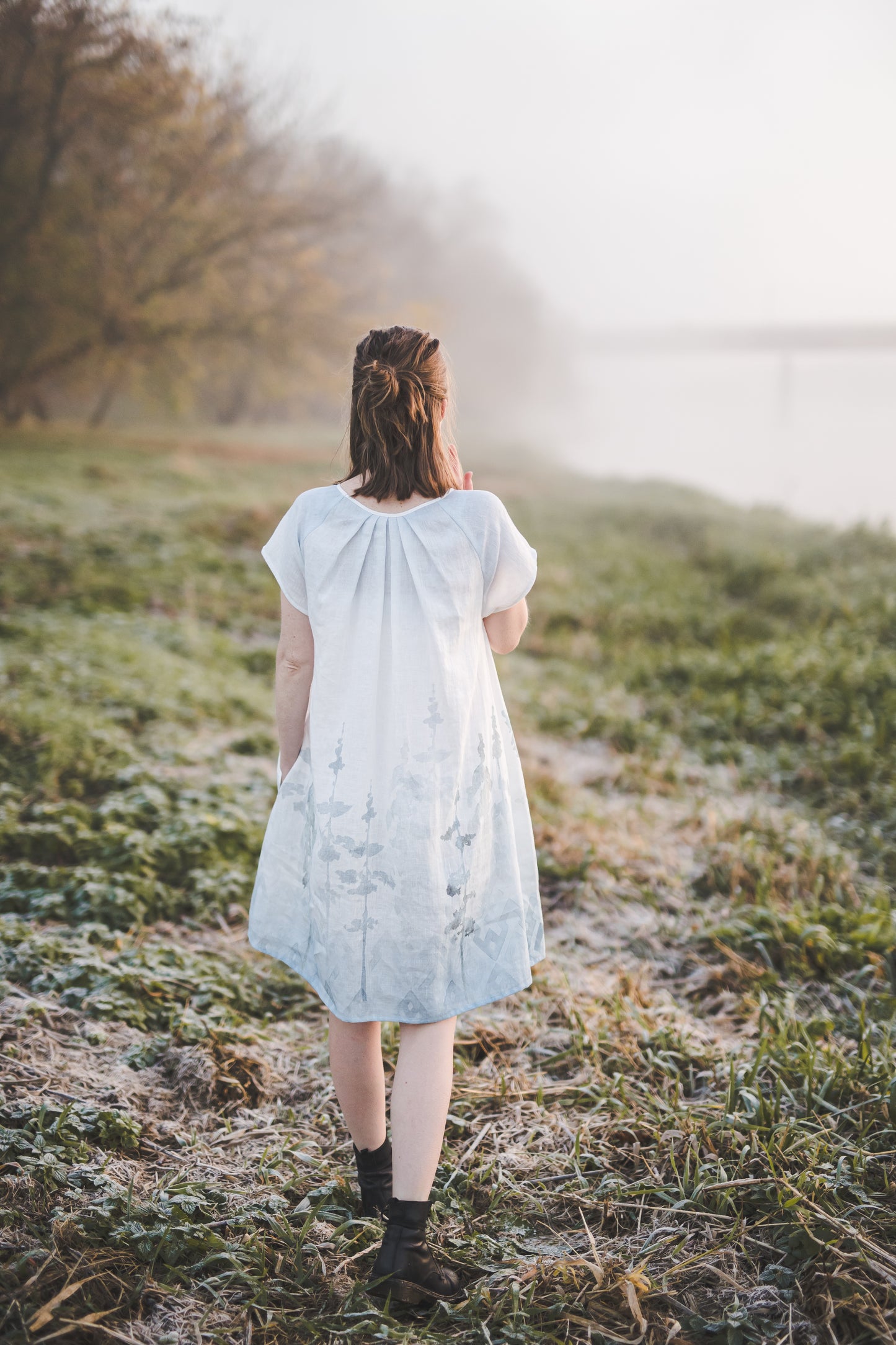 RASA short sleeves mini linen dress with Blue Ombre Forest print