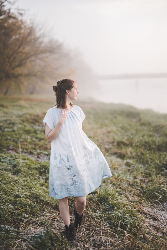 RASA short sleeves mini linen dress with Blue Ombre Forest print