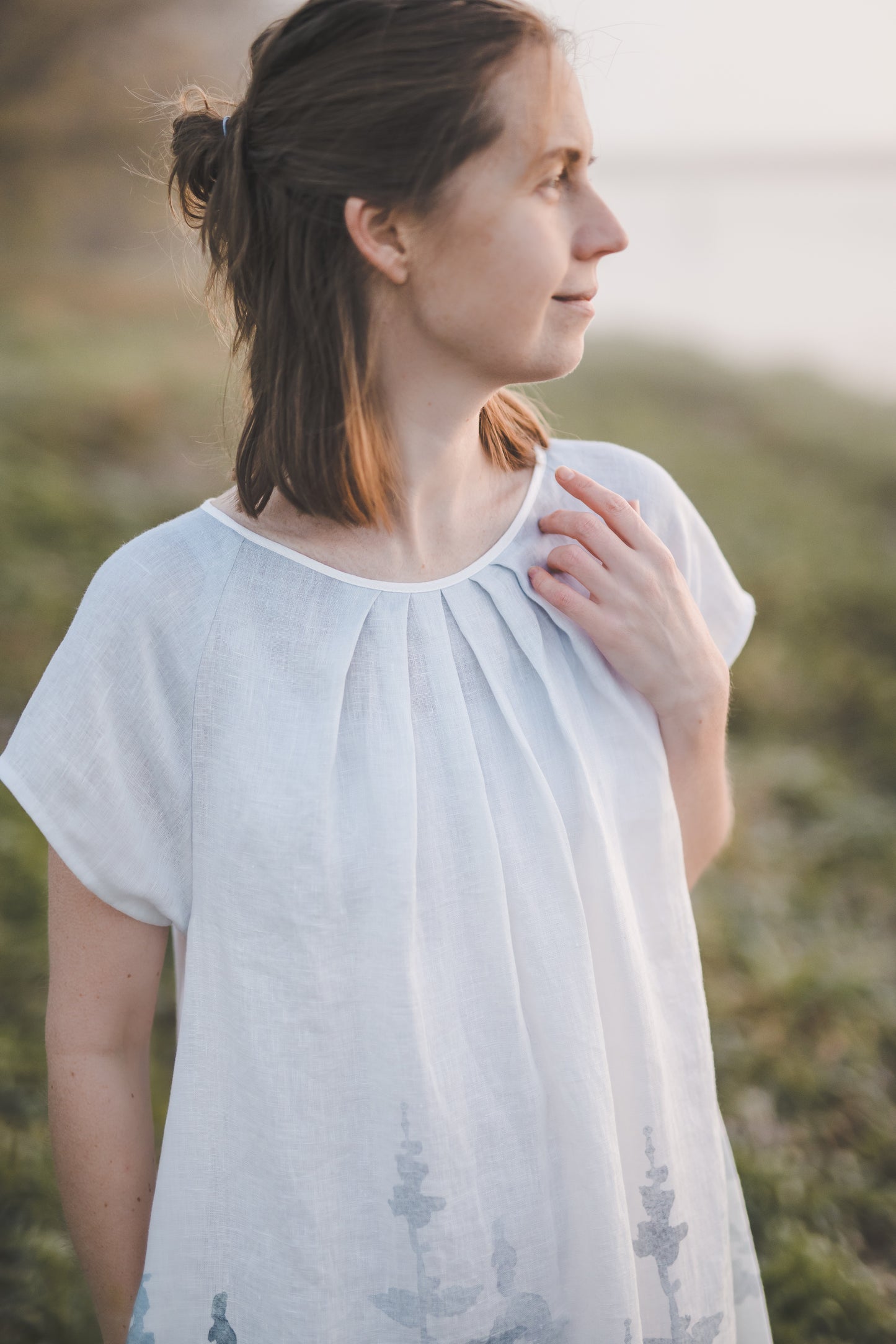 RASA short sleeves mini linen dress with Blue Ombre Forest print