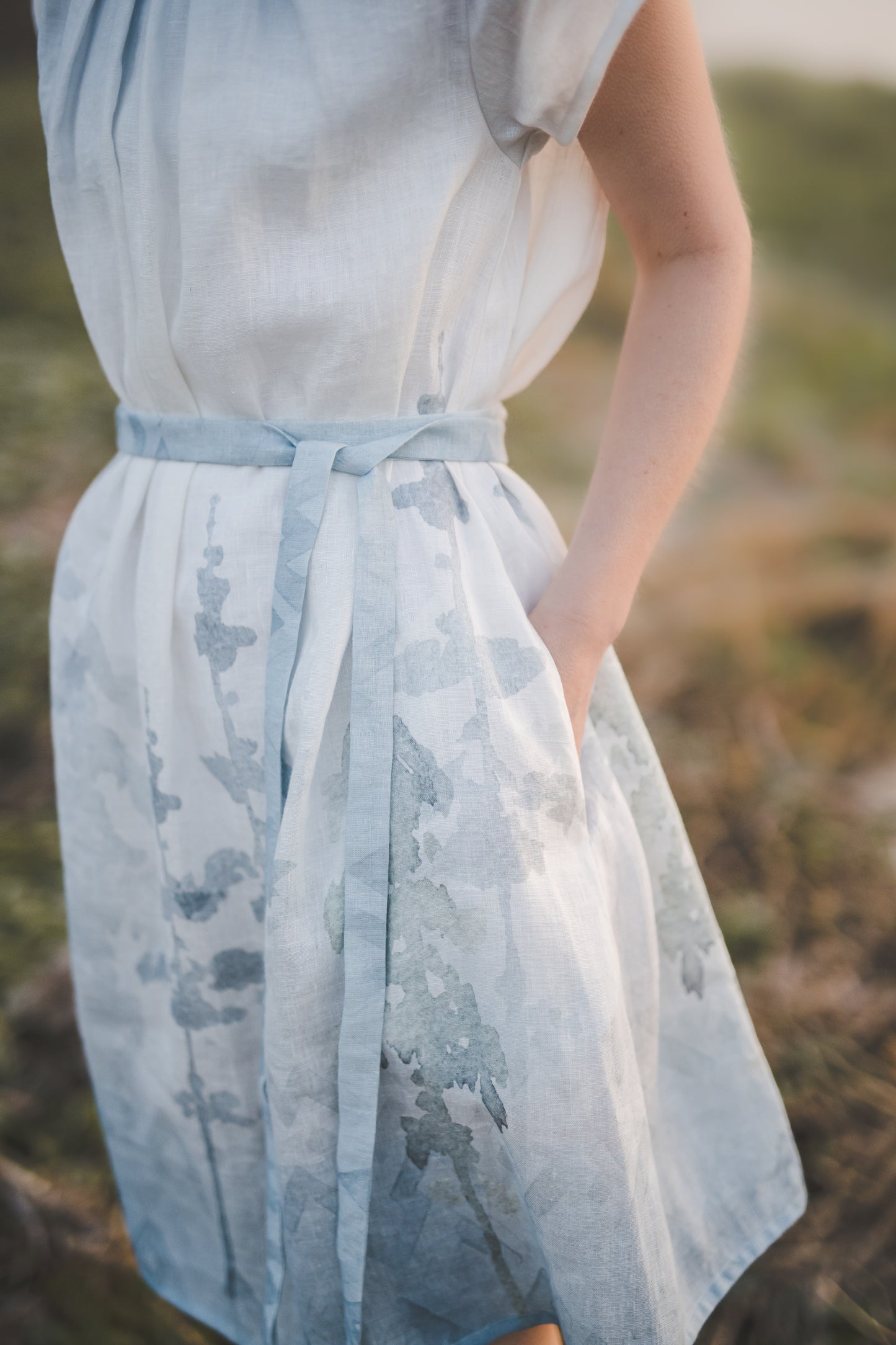 RASA short sleeves mini linen dress with Blue Ombre Forest print