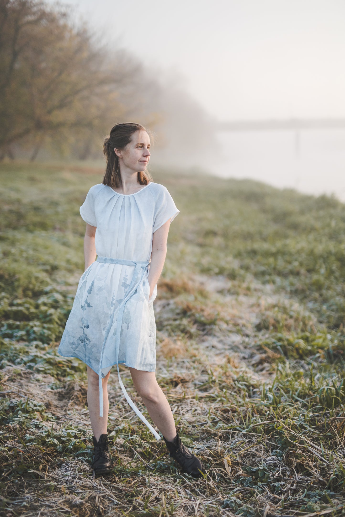 RASA short sleeves mini linen dress with Blue Ombre Forest print