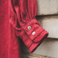 META midi linen dress with puffy sleeves & frills in Red wine color