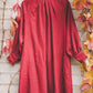 META midi linen dress with puffy sleeves & frills in Red wine color