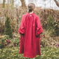 META midi linen dress with puffy sleeves & frills in Red wine color