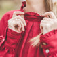 META midi linen dress with puffy sleeves & frills in Red wine color