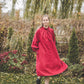 META midi linen dress with puffy sleeves & frills in Red wine color