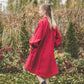 META midi linen dress with puffy sleeves & frills in Red wine color