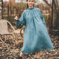 META midi linen dress with puffy sleeves & frills in Azure blue
