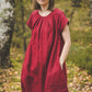 RASA short sleeves mini linen dress in Red wine color
