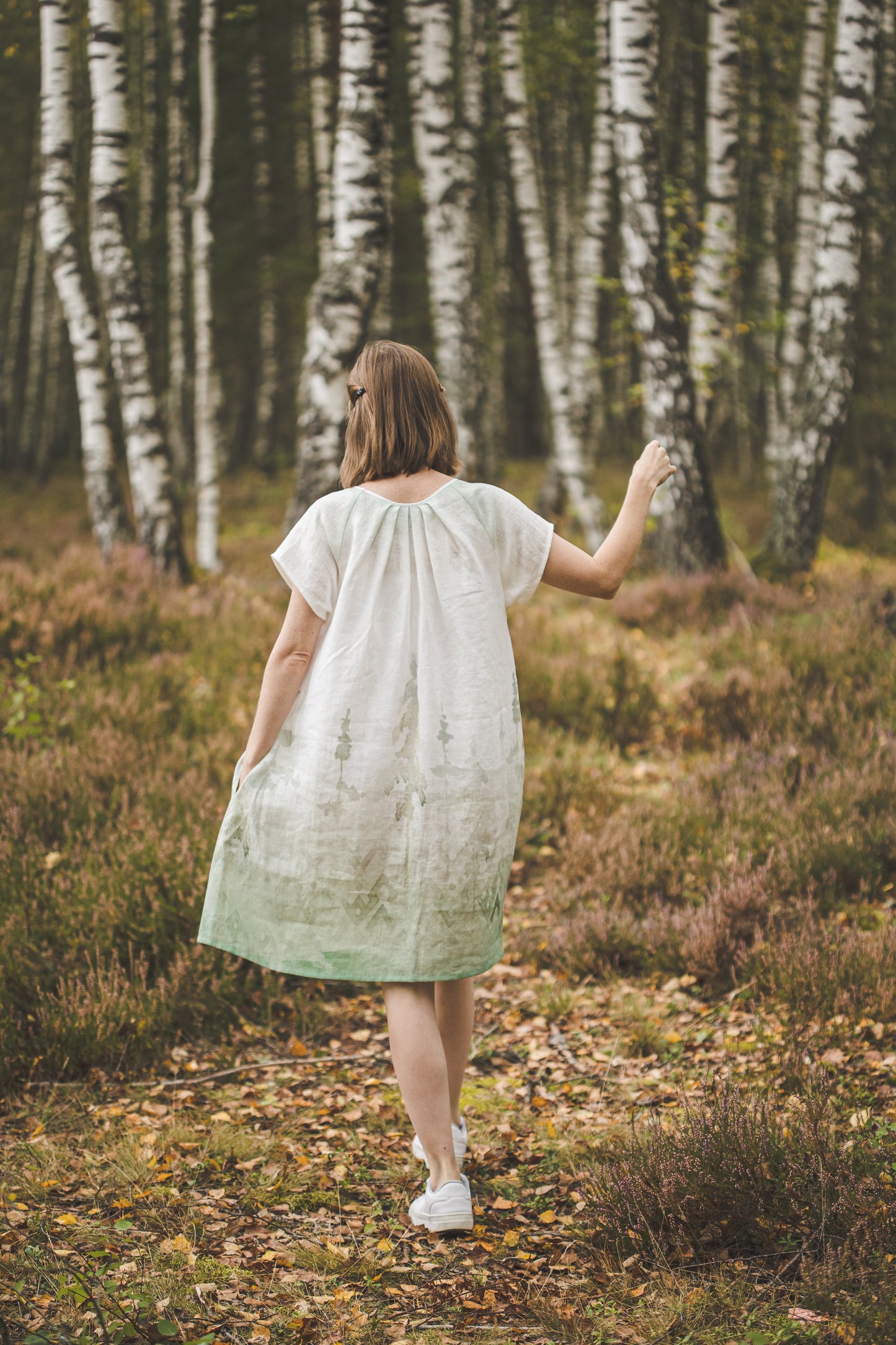 RASA short sleeves mini linen dress with Green Ombre Forest print