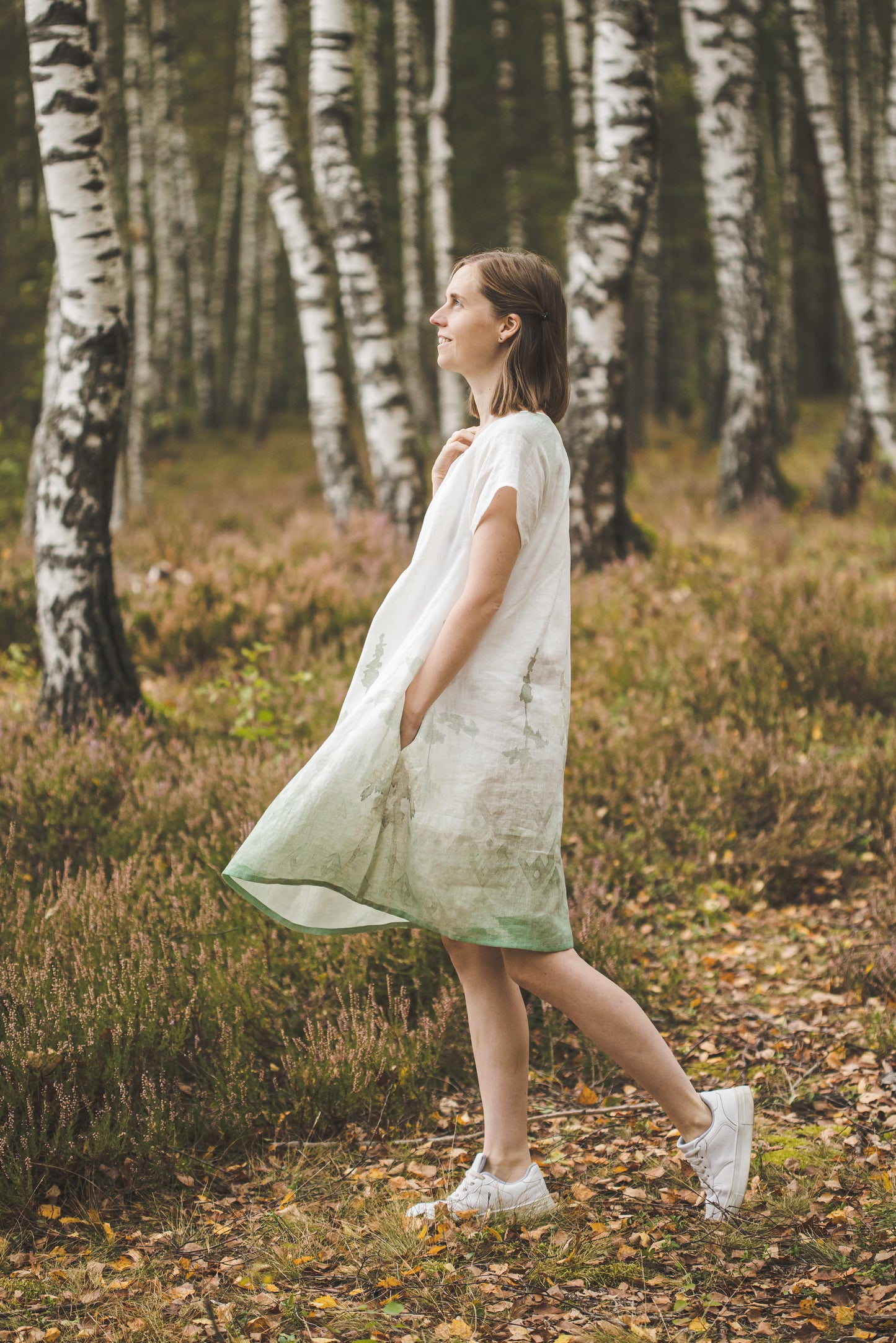 RASA short sleeves mini linen dress with Green Ombre Forest print