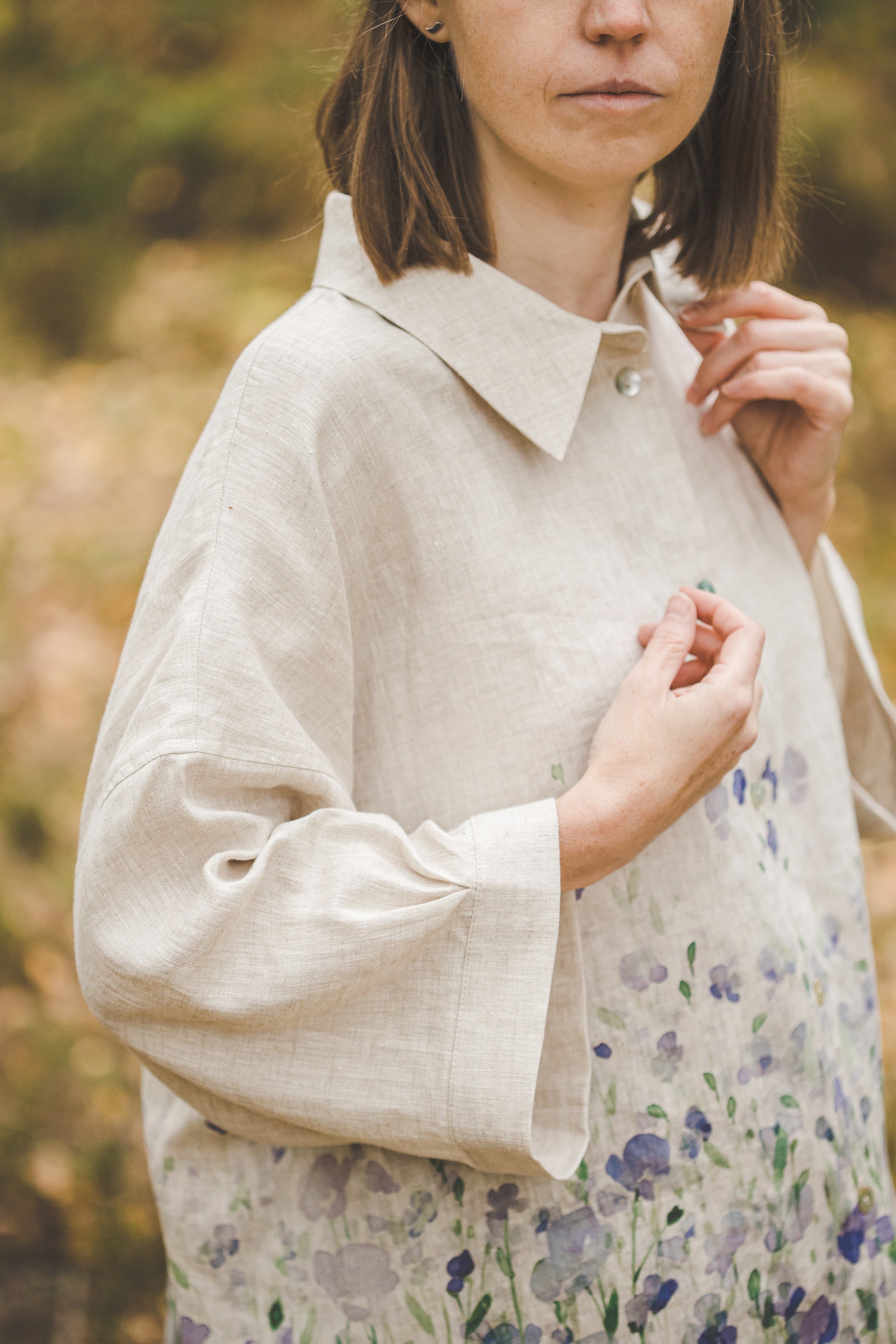 Wide cropped sleeves linen kimono shirt