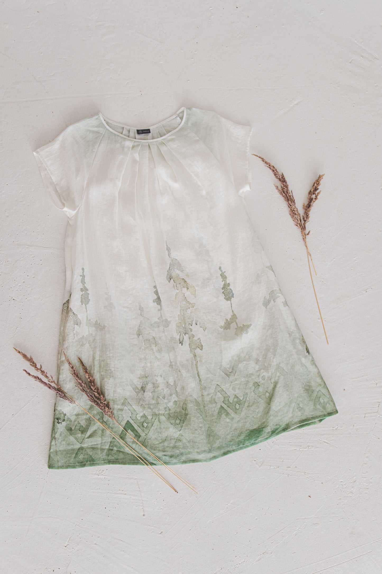 RASA short sleeves mini linen dress with Green Ombre Forest print