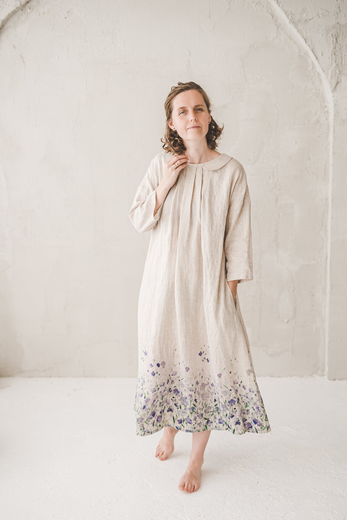 PASAKA round collars maxi linen dress with Linen field print