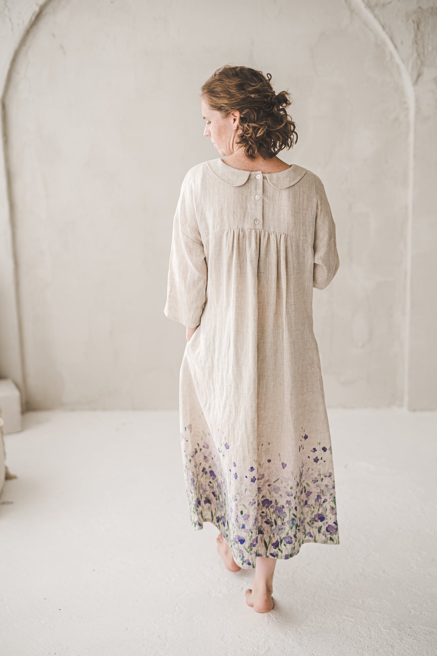 PASAKA round collars maxi linen dress with Linen field print