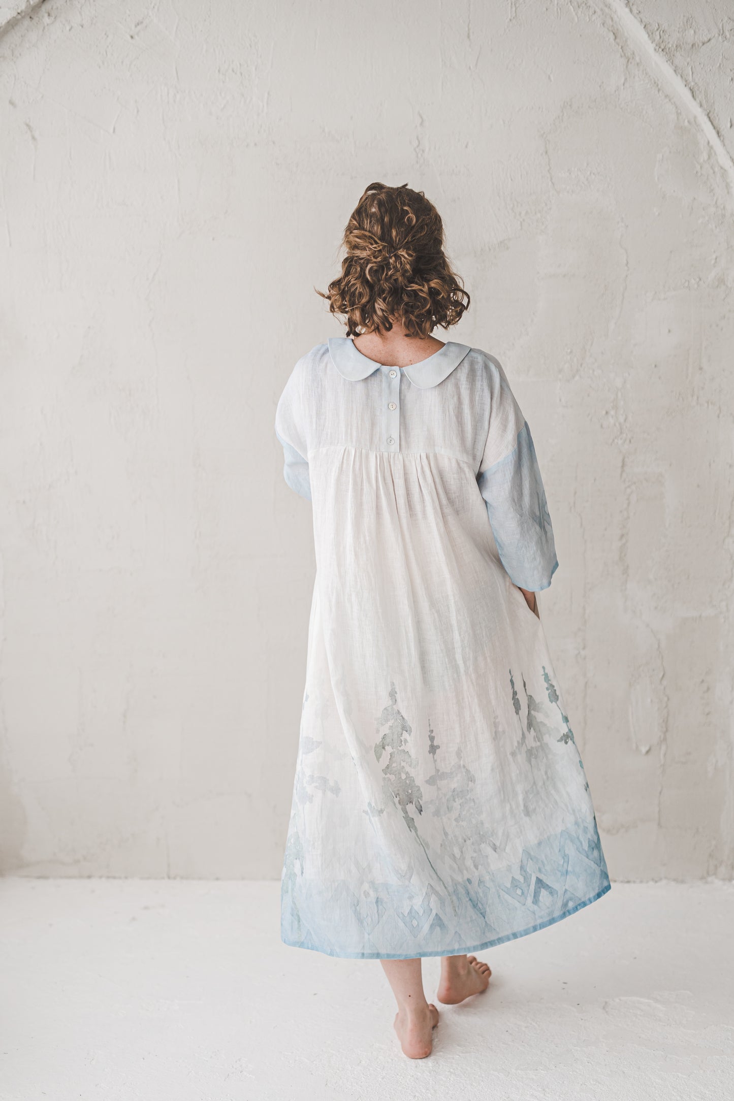 PASAKA round collars maxi linen dress with Blue Ombre Forest print