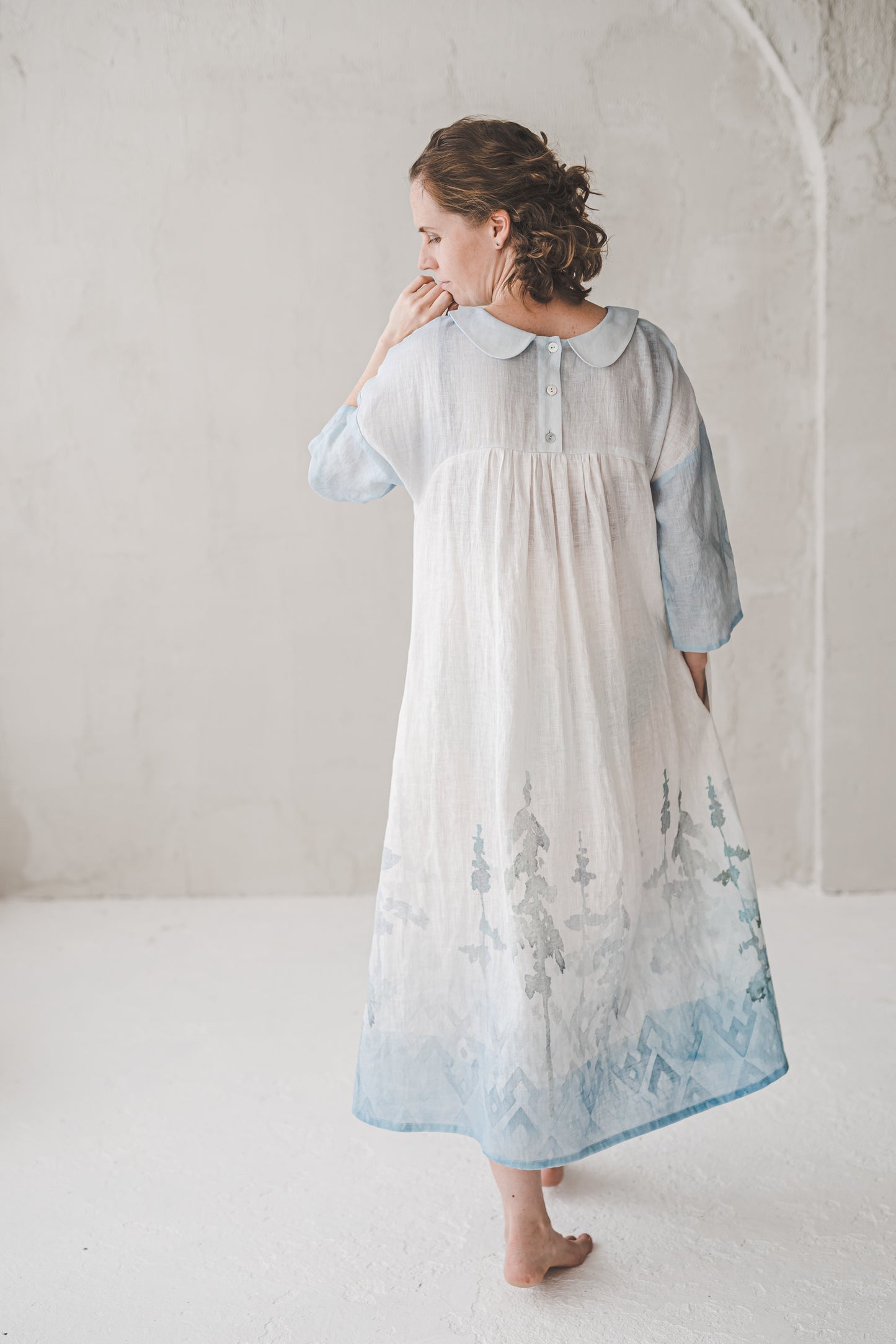 PASAKA round collars maxi linen dress with Blue Ombre Forest print