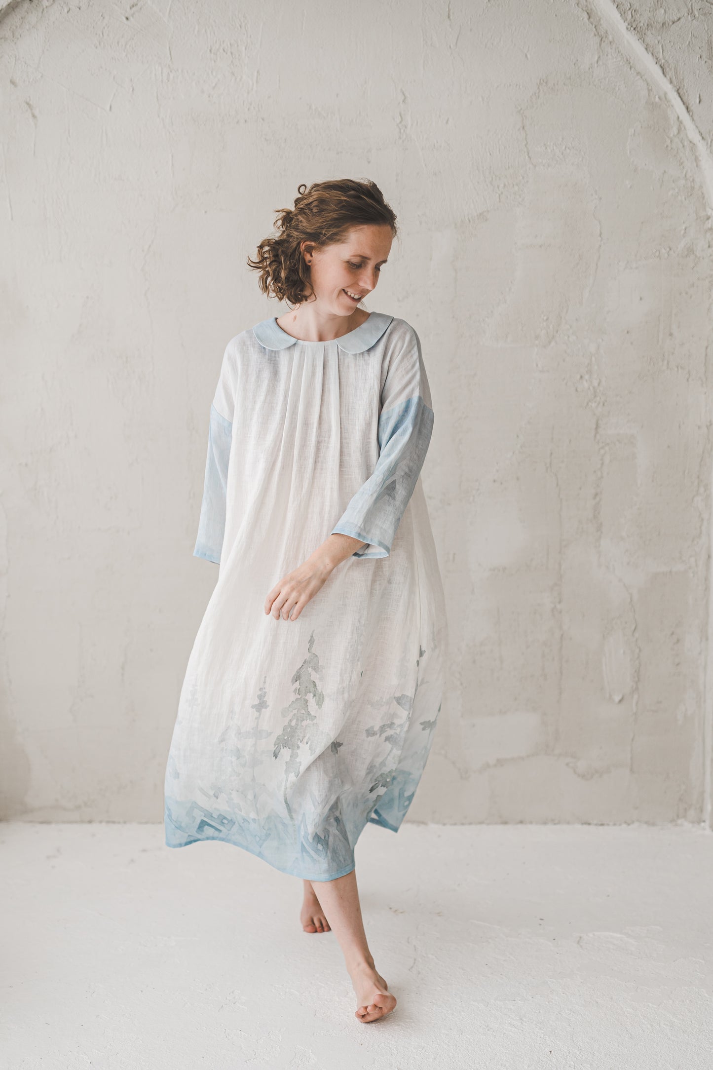 PASAKA round collars maxi linen dress with Blue Ombre Forest print