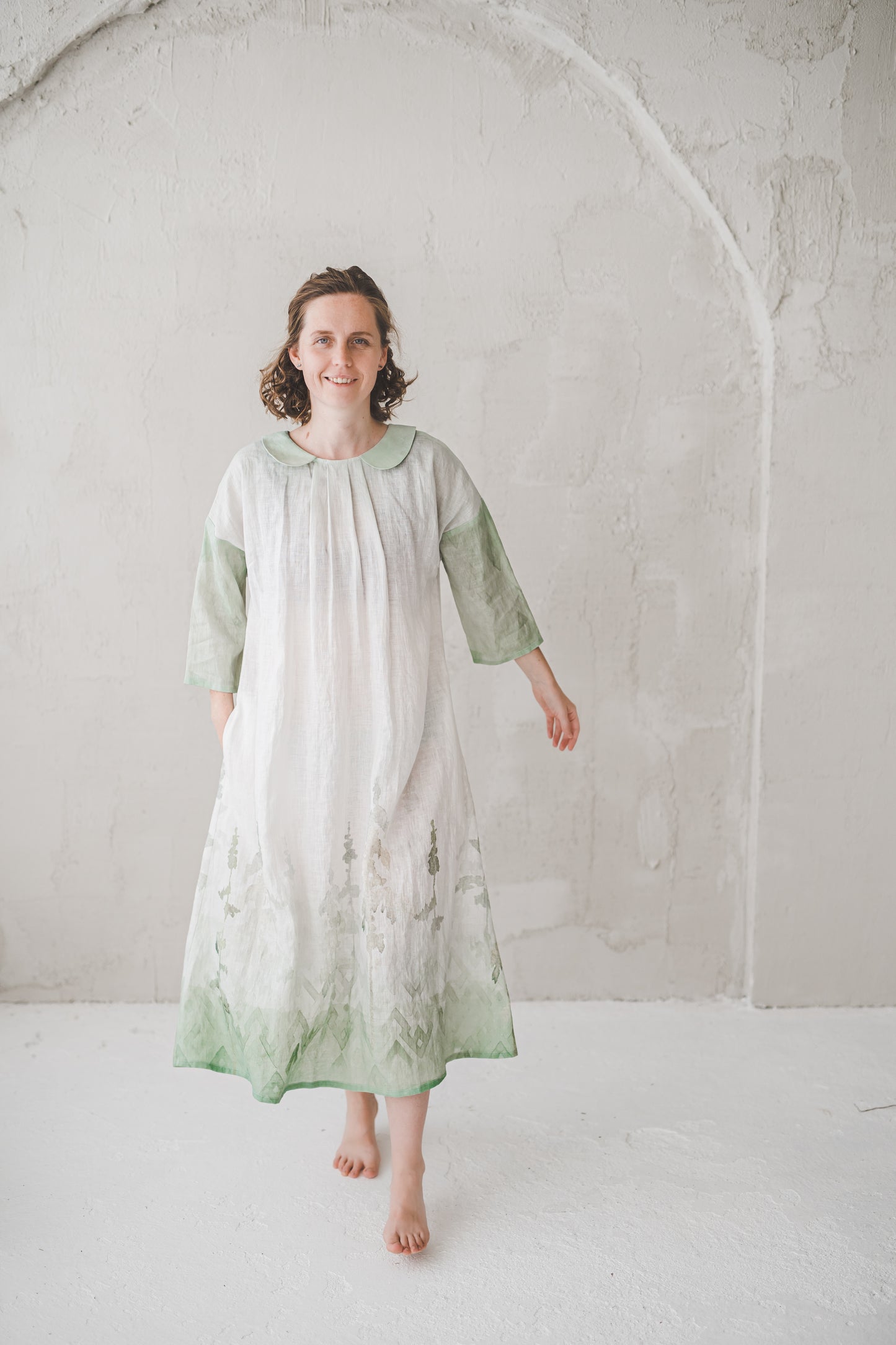 PASAKA round collars maxi linen dress with Green Ombre Forest print