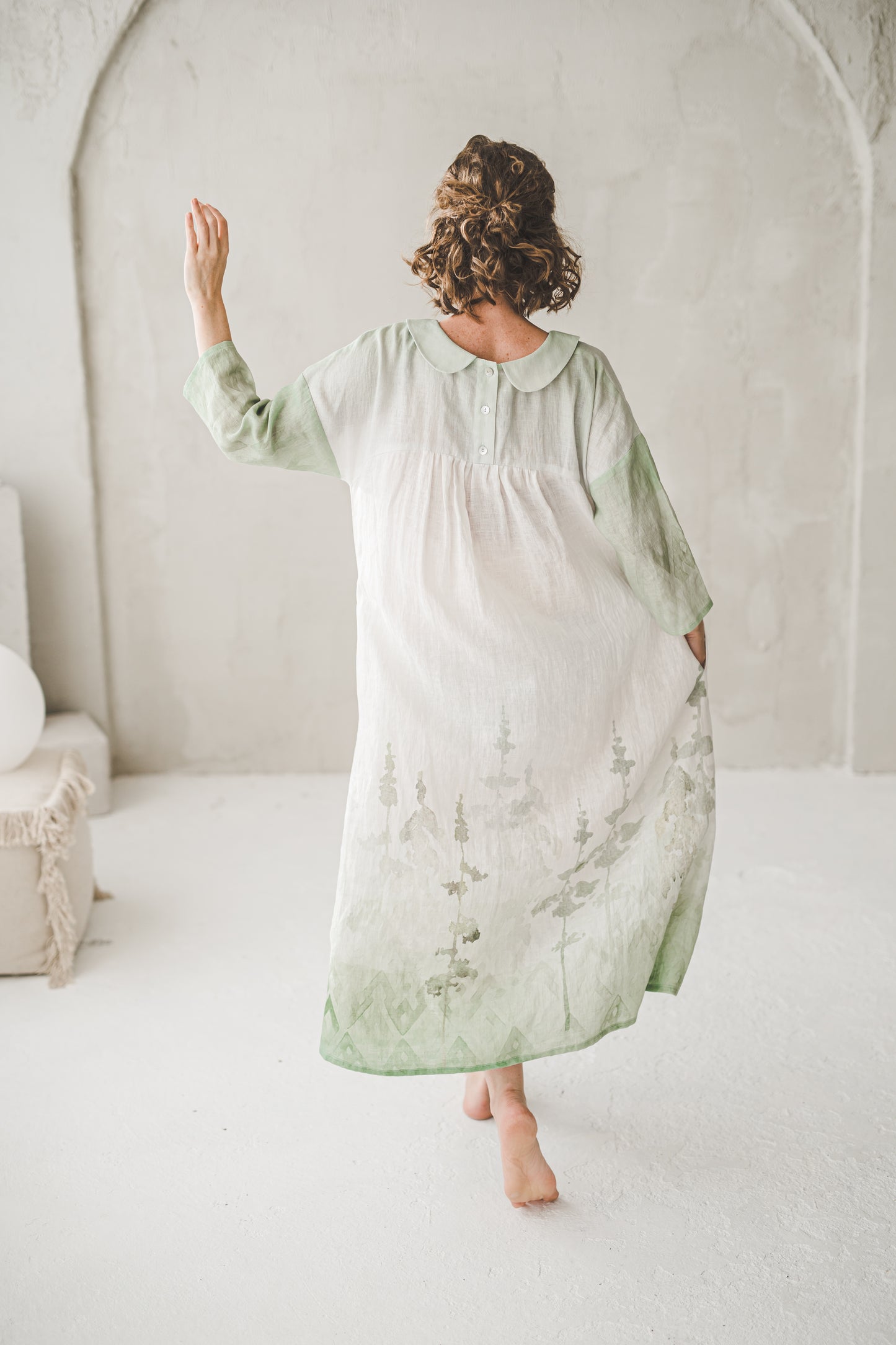 PASAKA round collars maxi linen dress with Green Ombre Forest print