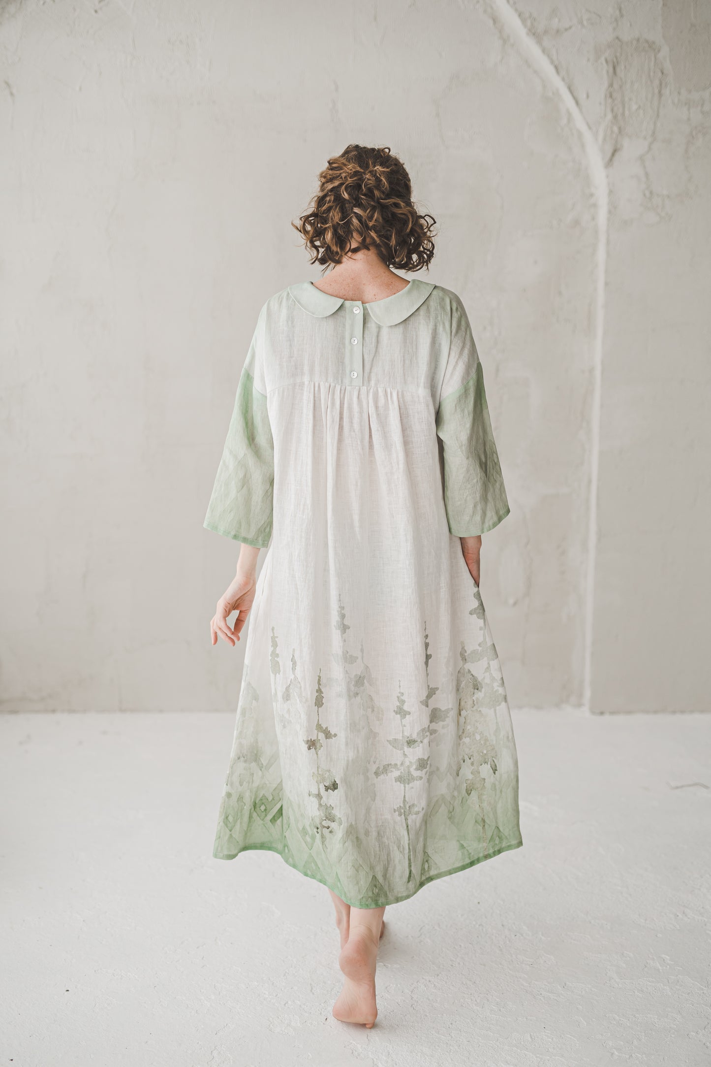 PASAKA round collars maxi linen dress with Green Ombre Forest print