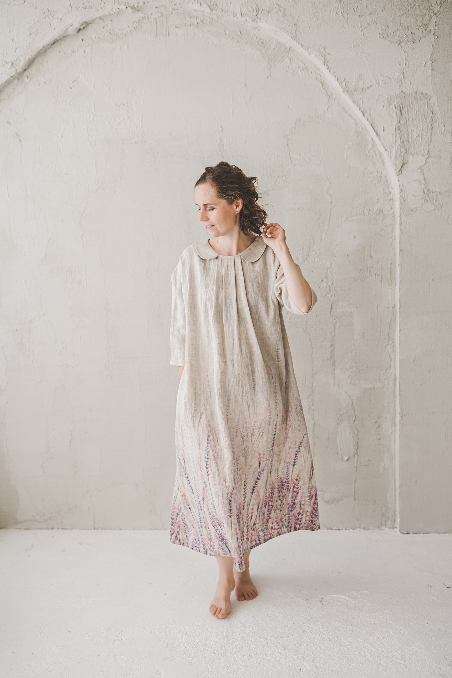 Bohemian hippie handmade linen dress with authentic floral print