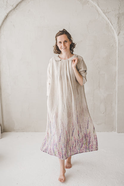 A-line oversized long linen dress with gradiant Lavender print 