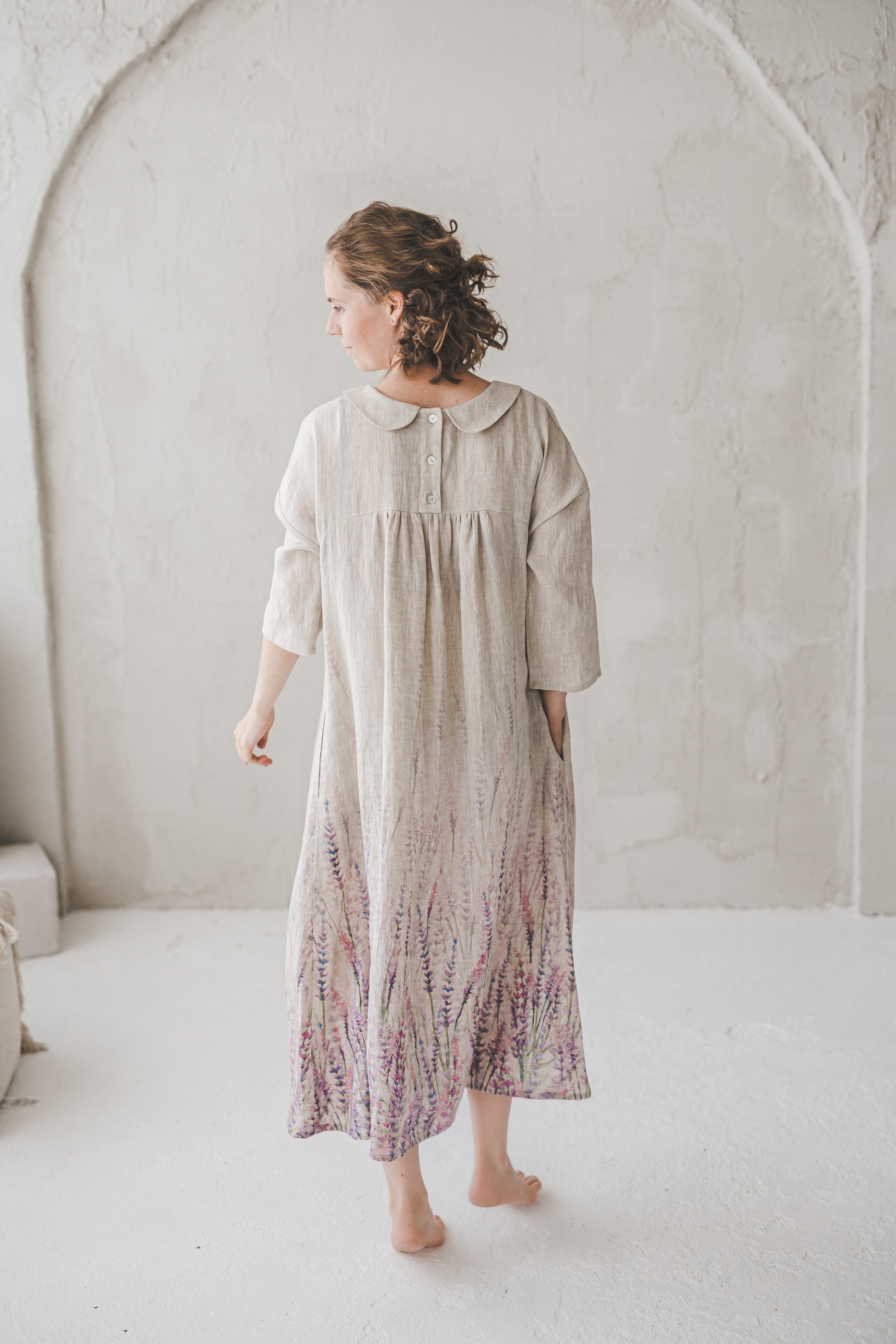 Long sleeves natural linen maxi dress for bridesmaid or wedding guest