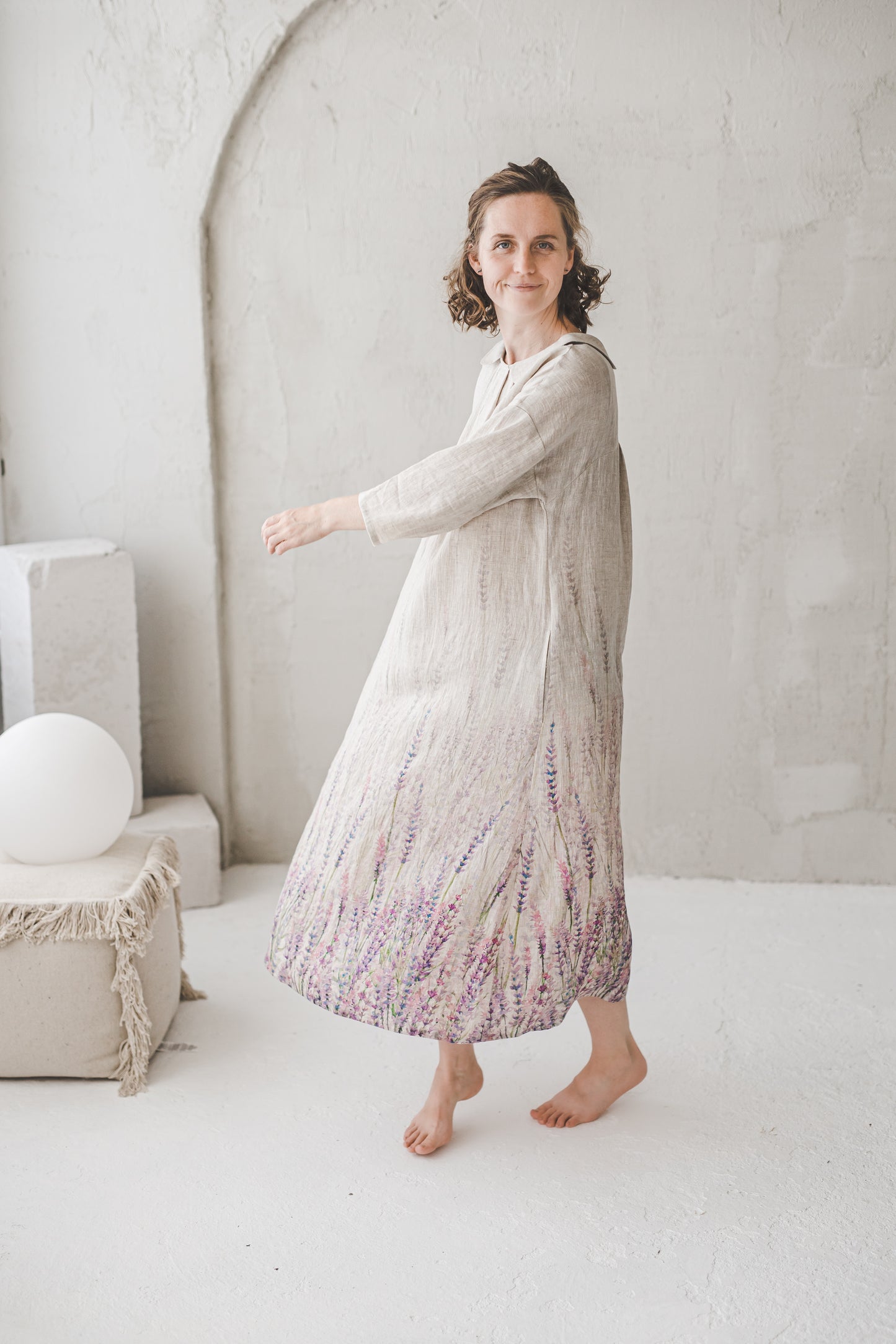 Romantic look modest flattering wide linen dress