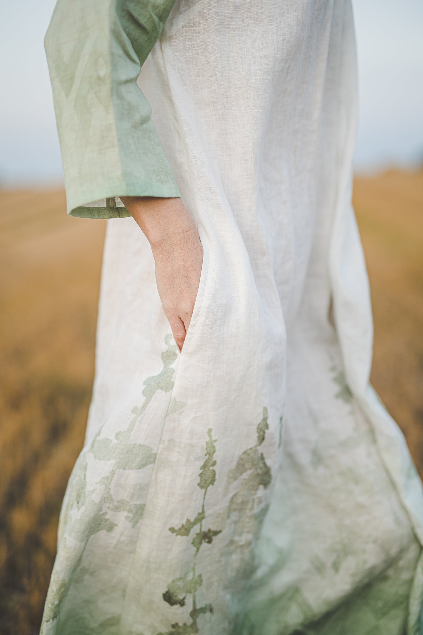 PASAKA round collars maxi linen dress with Green Ombre Forest print