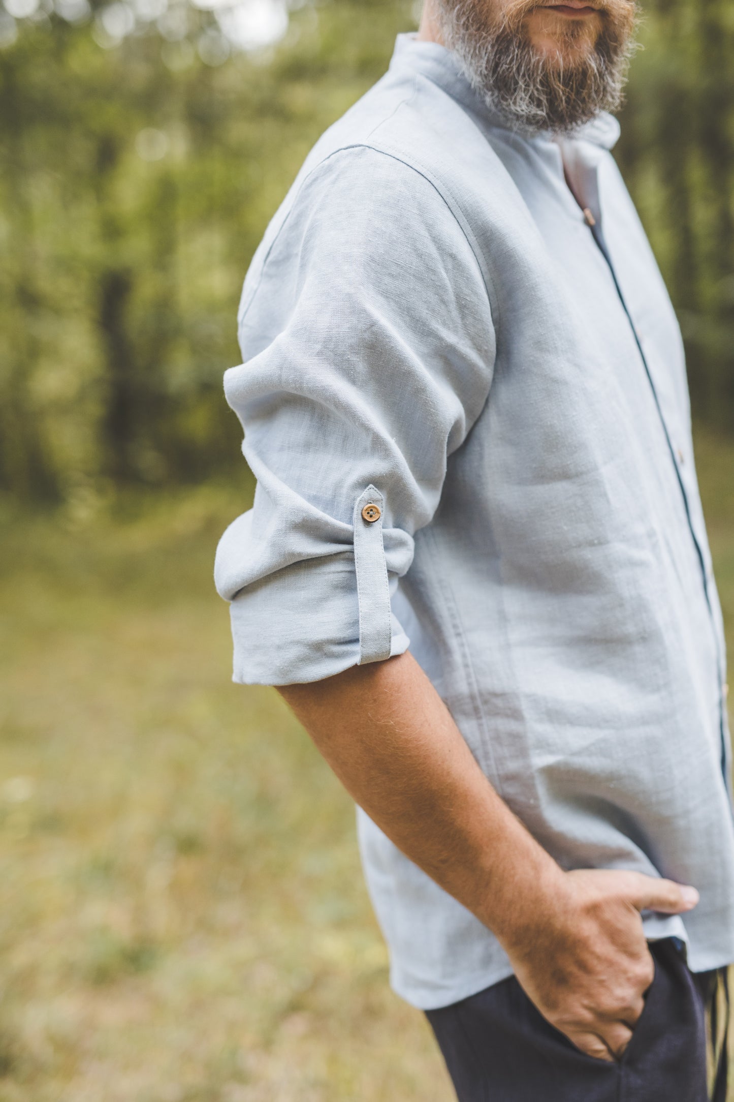 ŪKAS regular fit band collar men's linen shirt in Sky blue