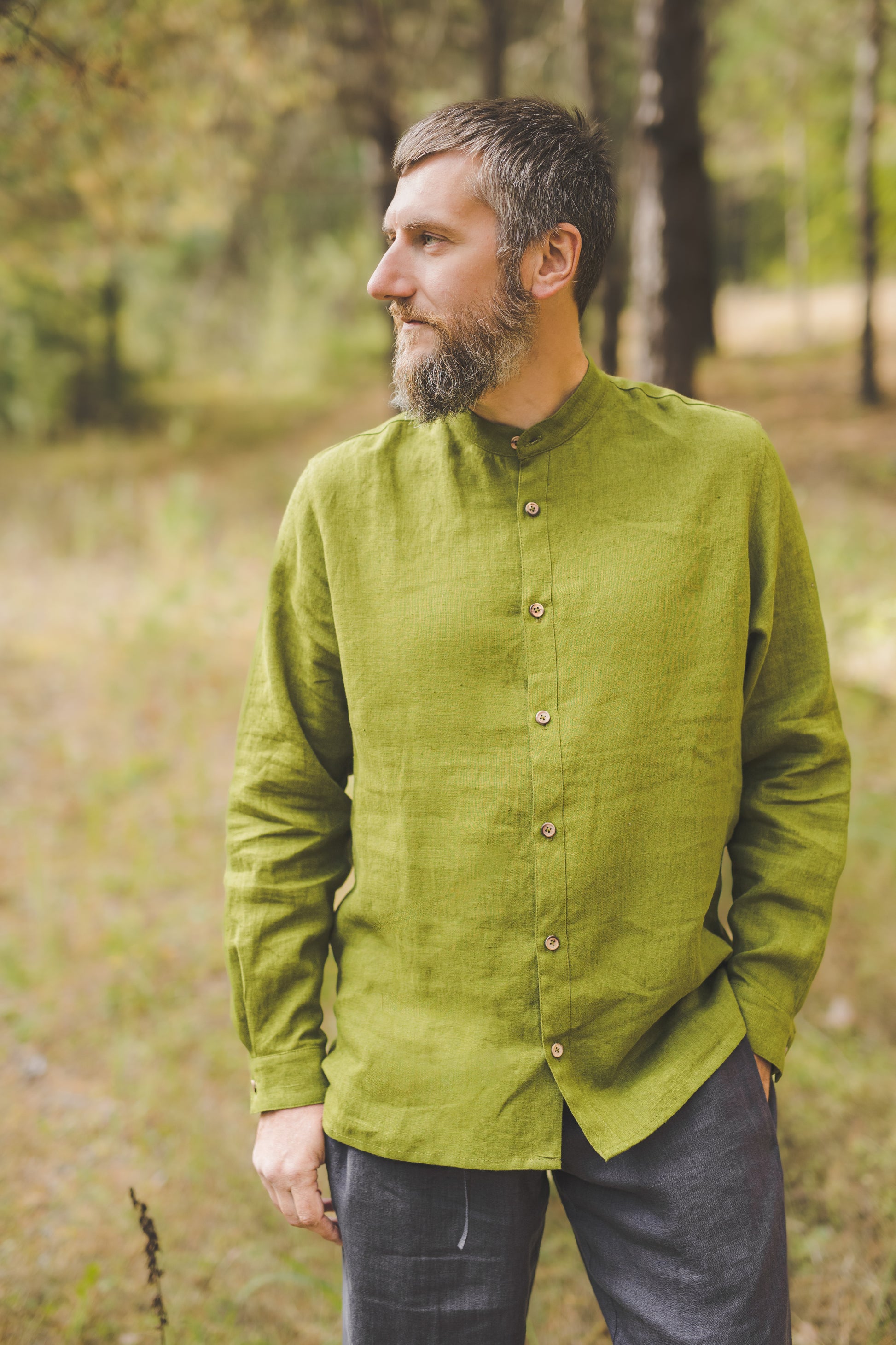 Green moss long sleeves regular linen shirt for men