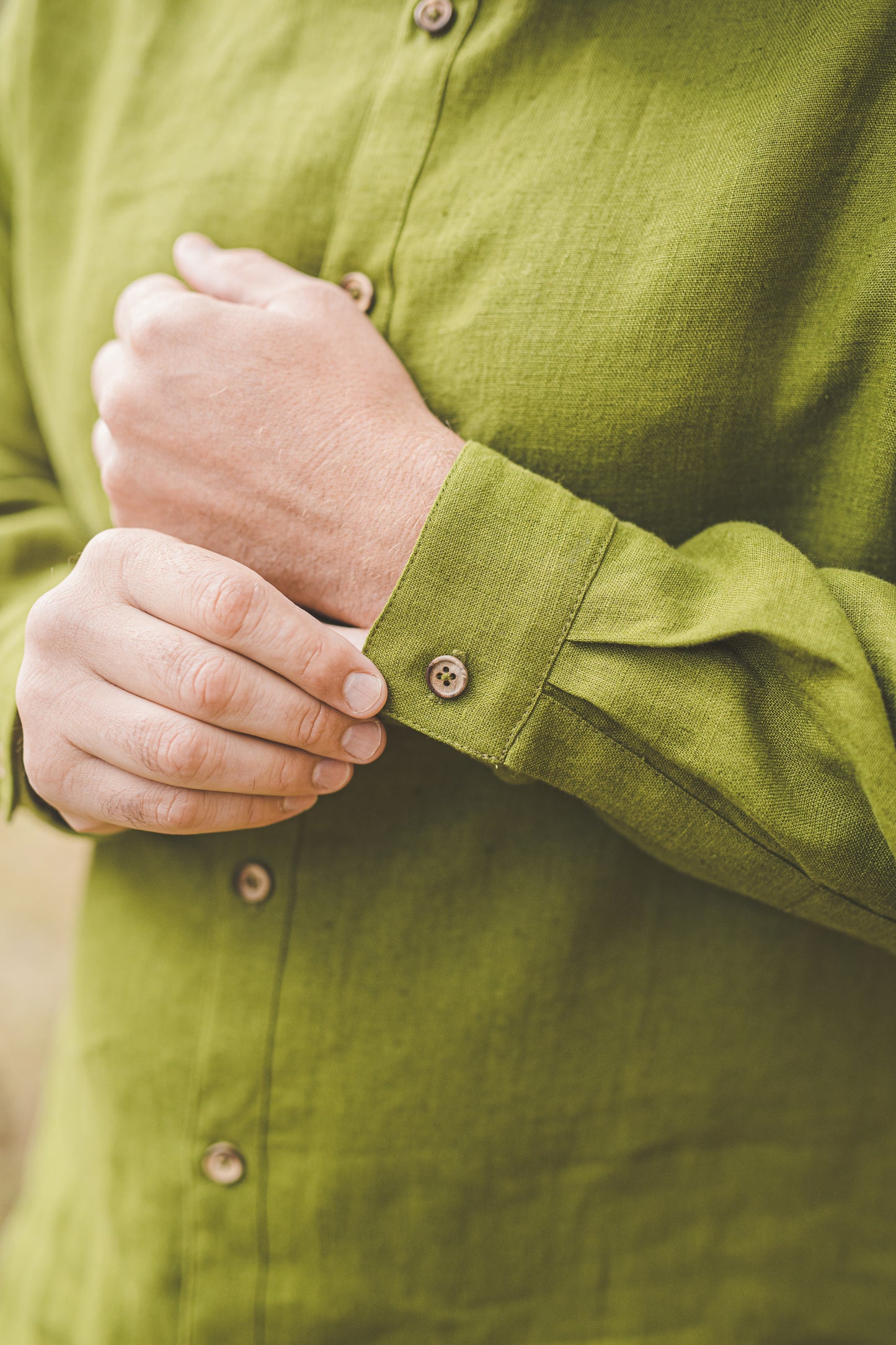 ŪKAS regular fit band collar men's linen shirt in Green moss color