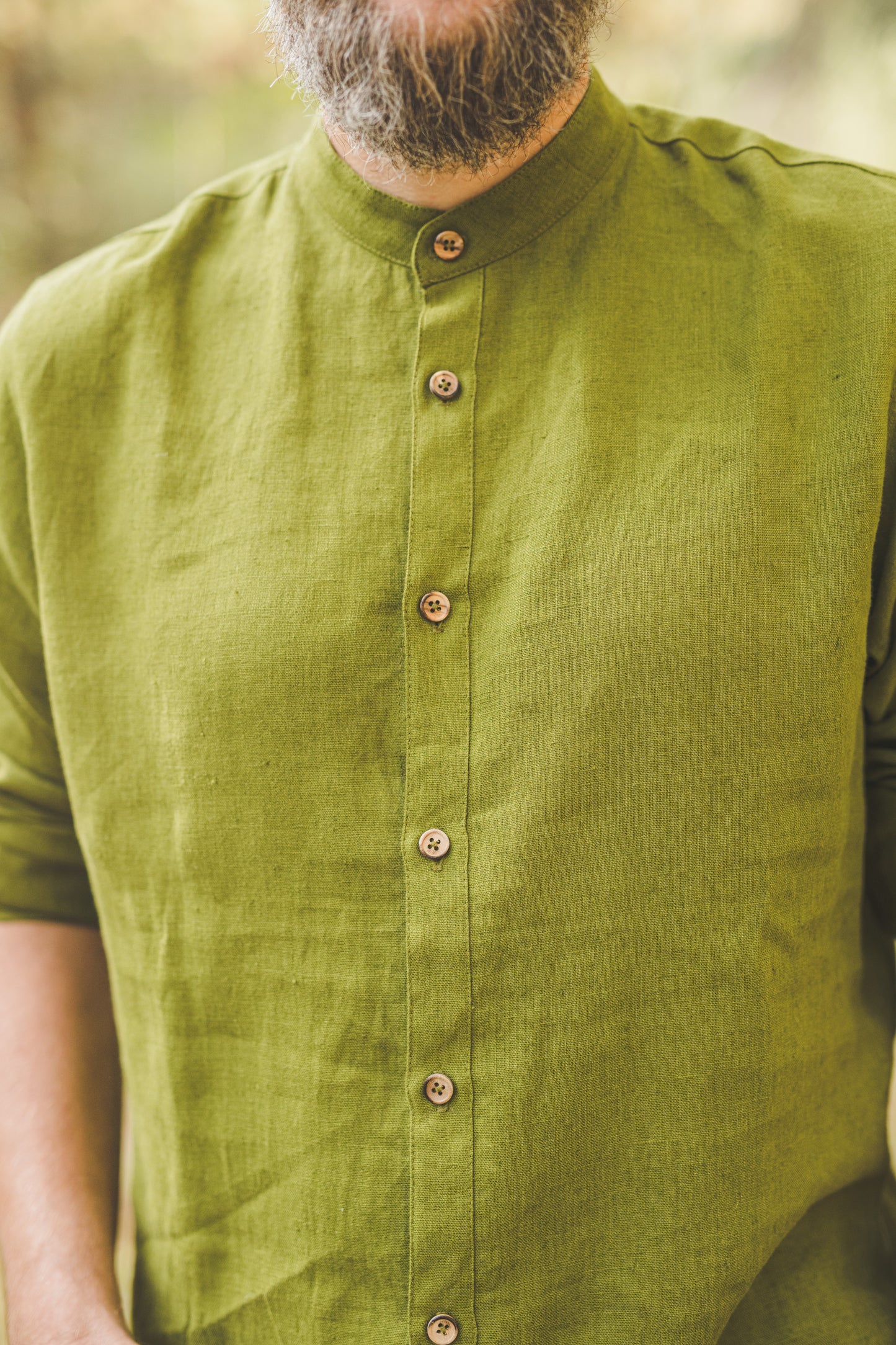 ŪKAS regular fit band collar men's linen shirt in Green moss color