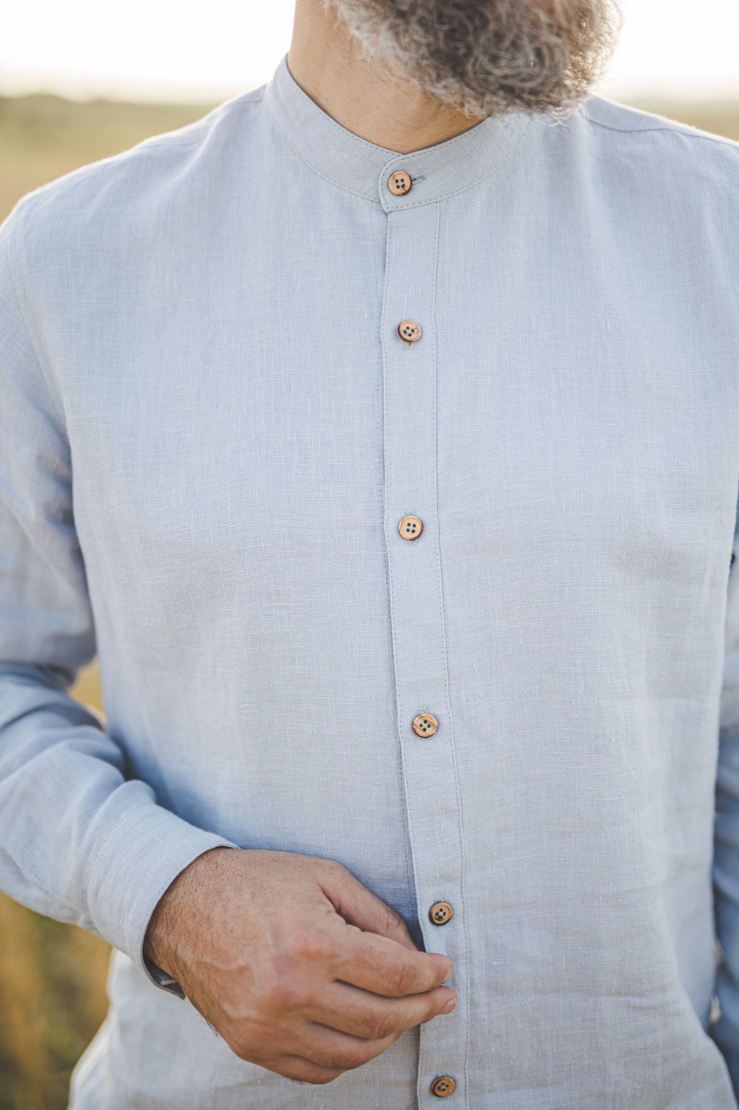 ŪKAS regular fit band collar men's linen shirt in Sky blue