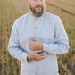 Light blue long sleeves band collar regular linen shirt for men