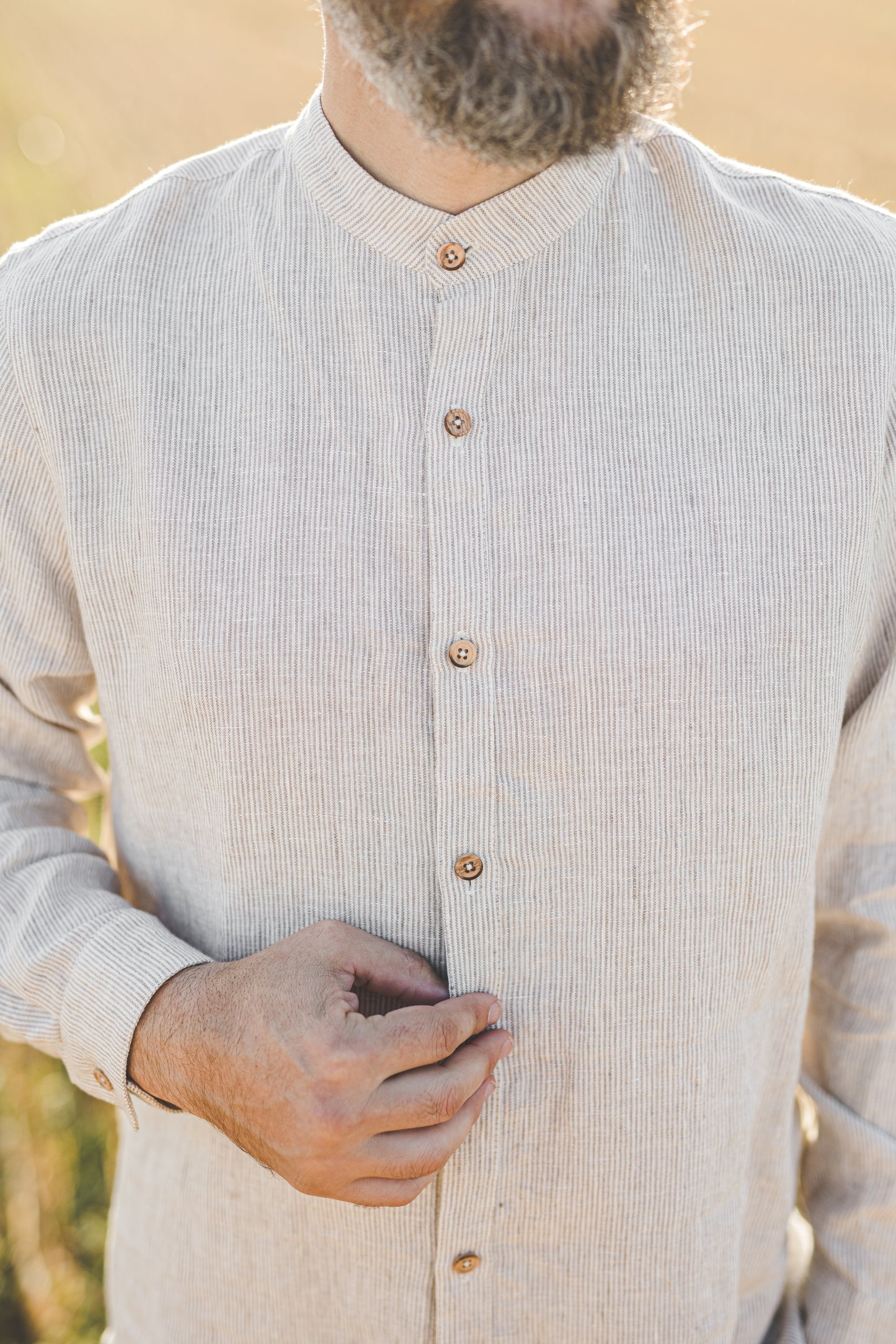 ŪKAS regular fit band collar men's linen shirt in Natural White stripes