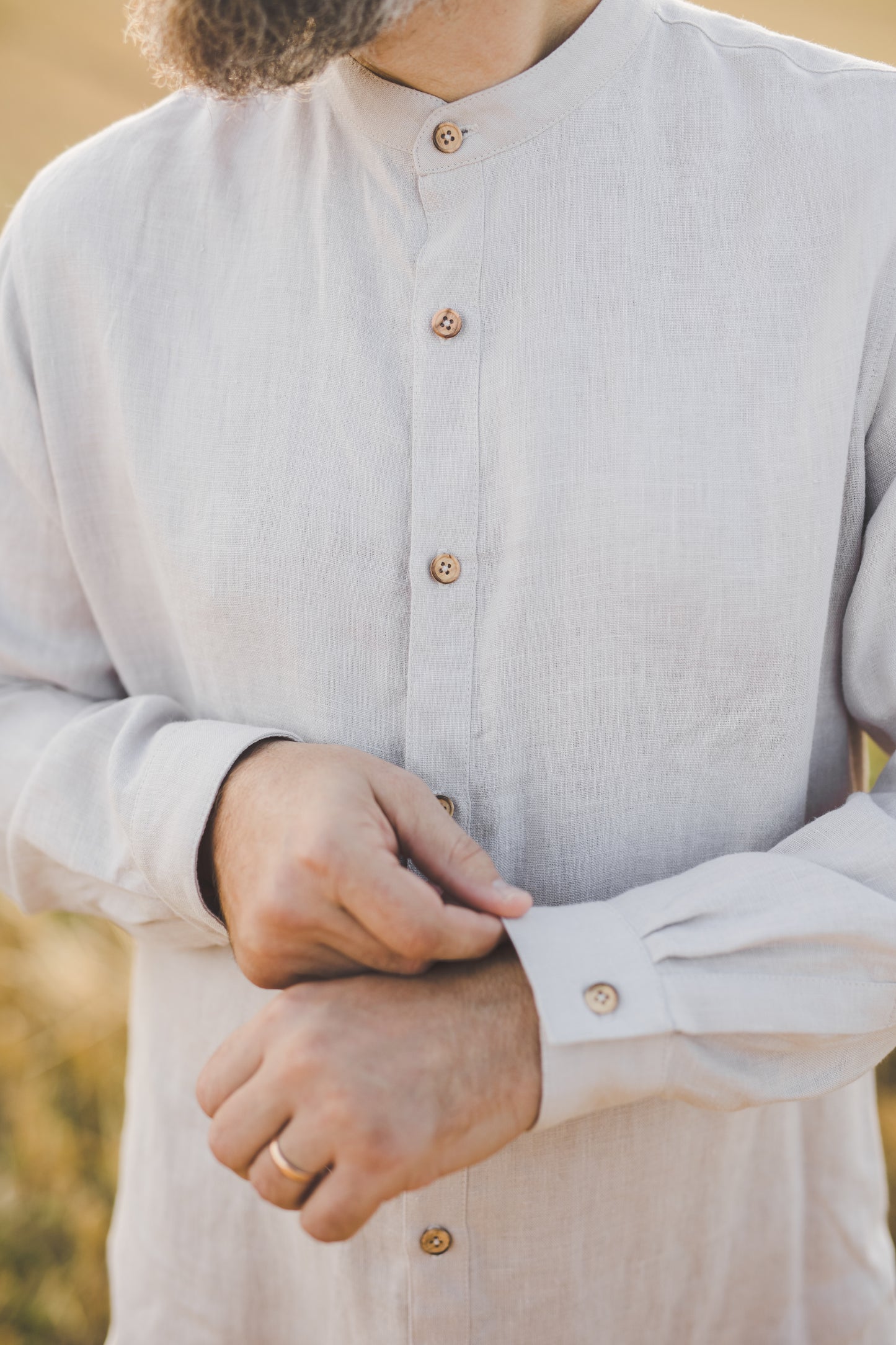 ŪKAS regular fit band collar men's linen shirt in Coconut cream color