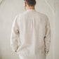 ŪKAS regular fit band collar men's linen shirt in Natural White stripes