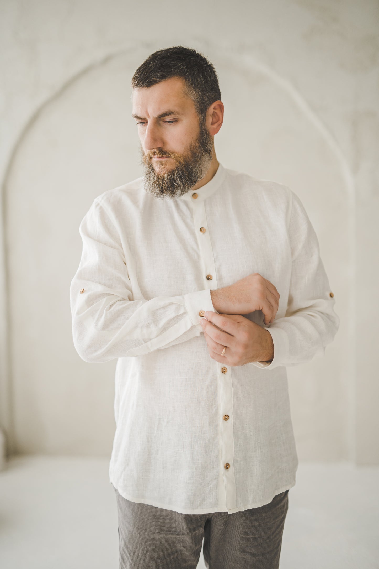 Classy white soft linen shirt with natural wood buttons