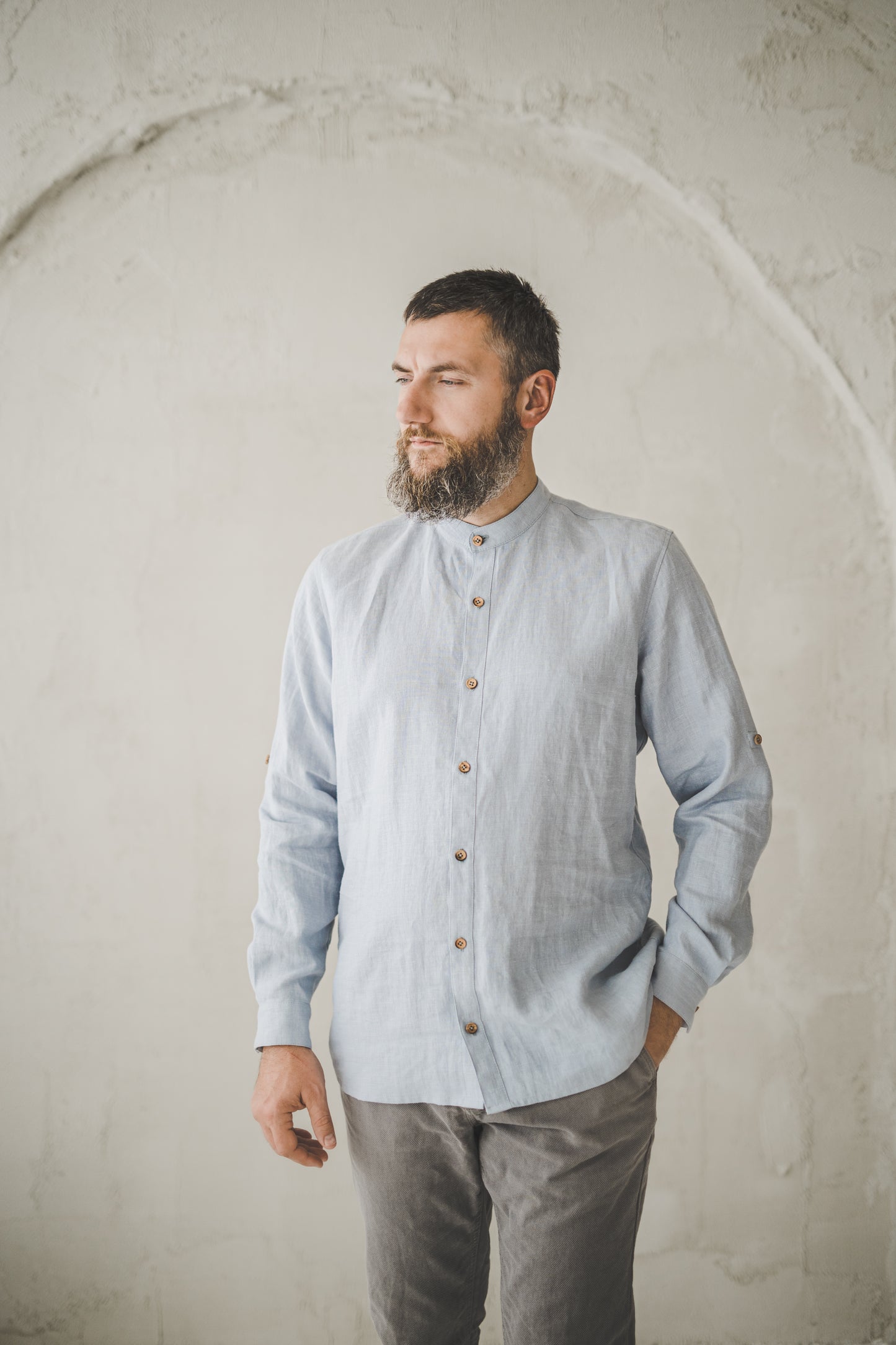 ŪKAS regular fit band collar men's linen shirt in Sky blue