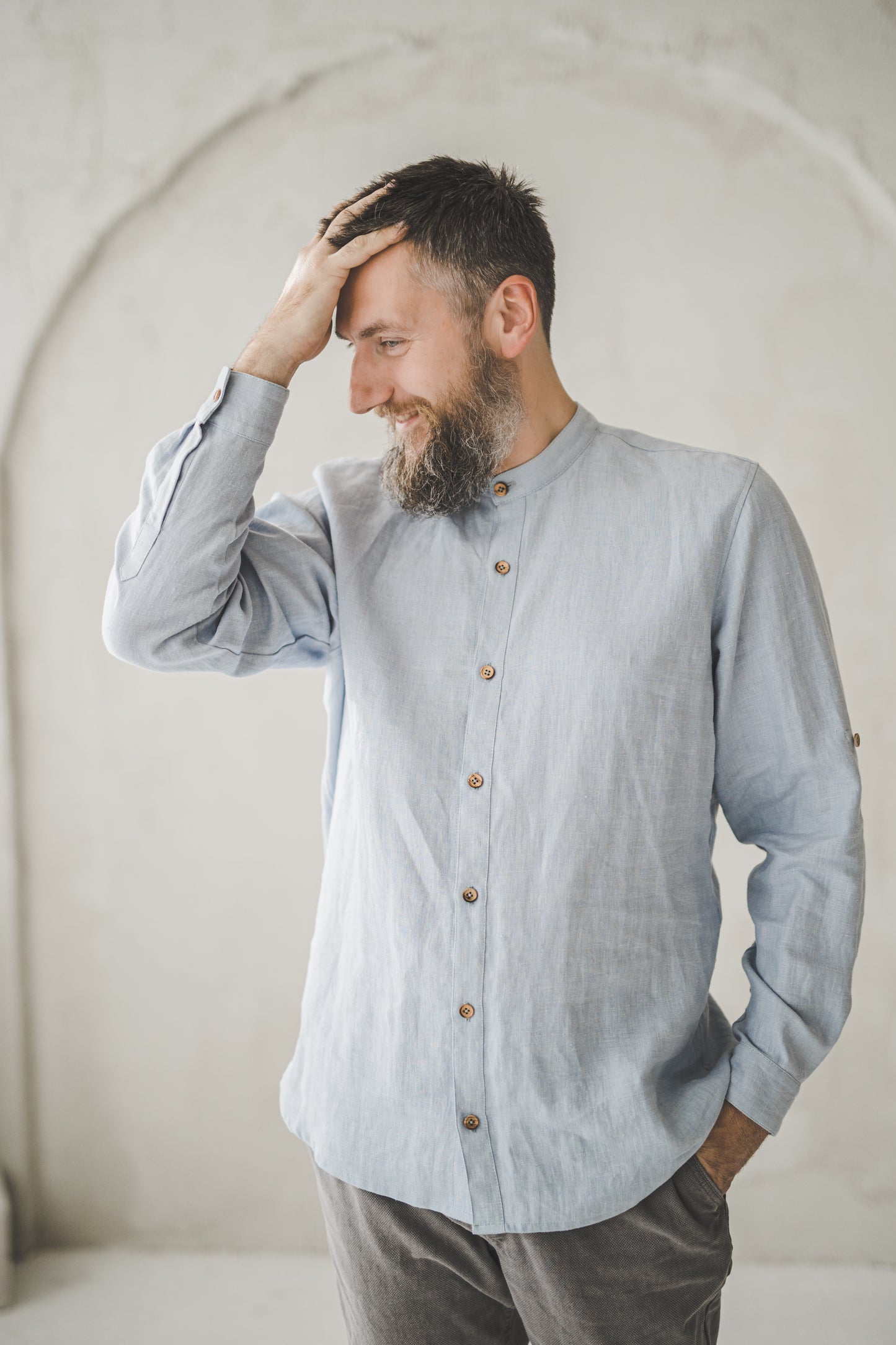 ŪKAS regular fit band collar men's linen shirt in Sky blue