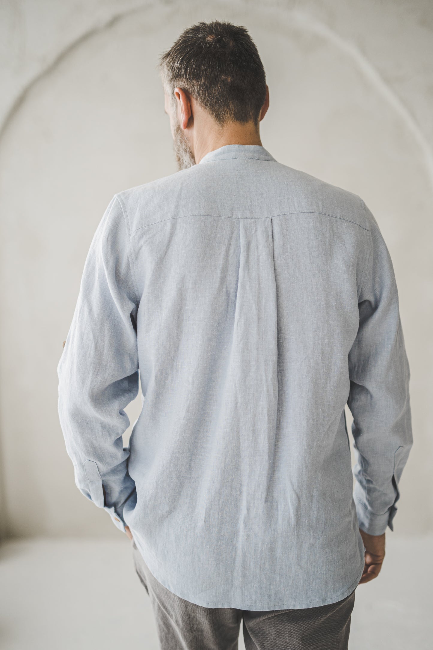 ŪKAS regular fit band collar men's linen shirt in Sky blue