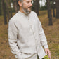 ŪKAS regular fit band collar men's linen shirt in Natural White stripes