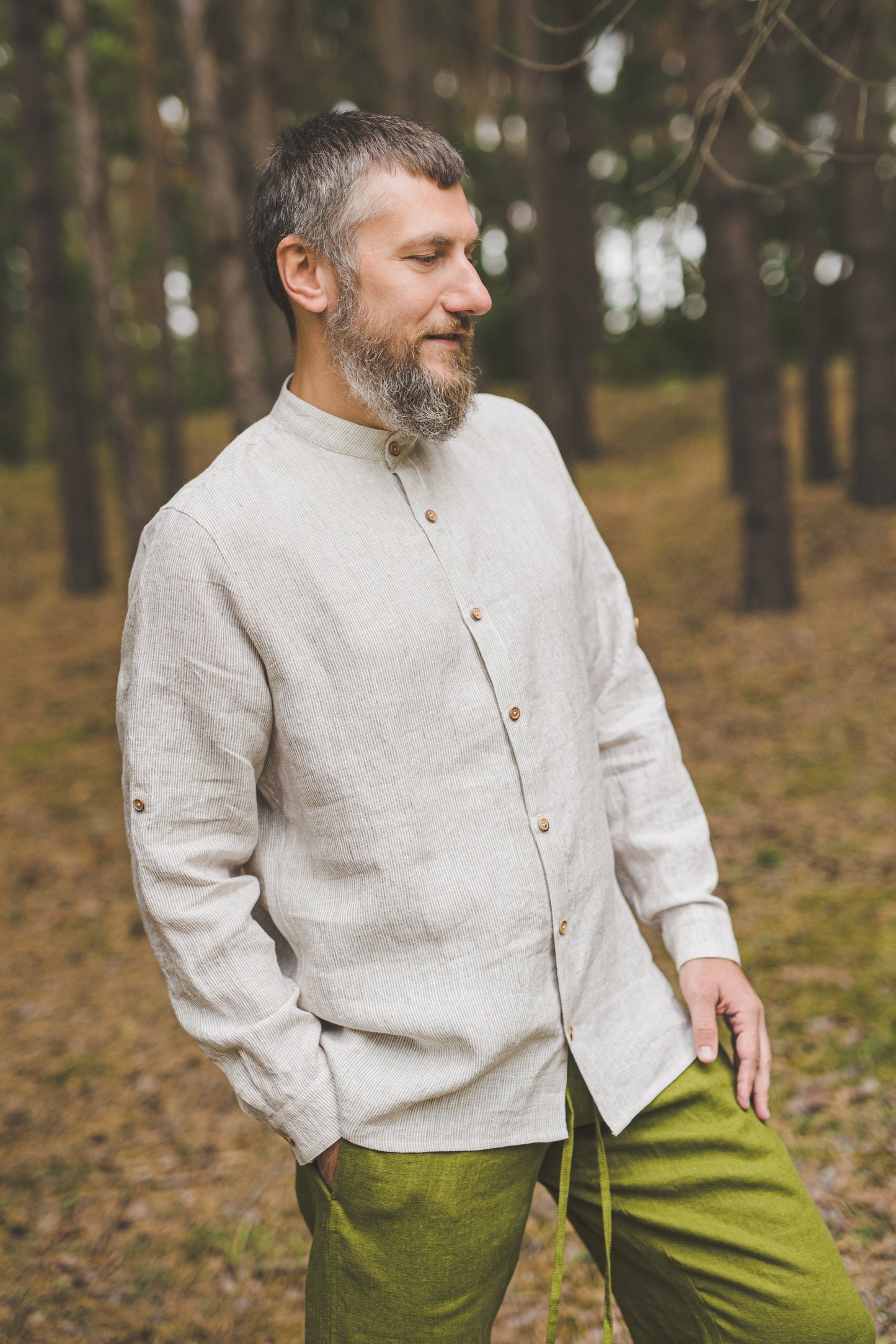 ŪKAS regular fit band collar men's linen shirt in Natural White stripes